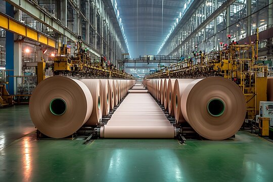 Large paper rolls in a spacious industrial factory setting