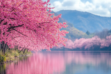 The ethereal beauty of cherry blossoms reflecting in the still waters of a lake