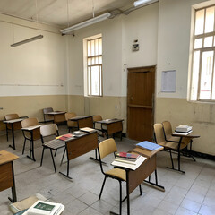 An empty room with neatly arranged chairs and desks, creating a clean, organized, and minimalistic classroom or office setting.