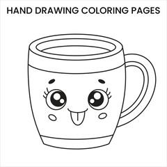 Cute Kawaii Coffee Mug with Plants. Kawaii-style coffee mug with plants, cute doodle hand-drawn coloring page for kids.