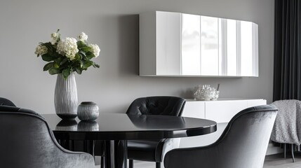 A chic dining area with a black round table, gray velvet chairs, and a sleek white wall-mounted cabinet