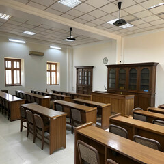 An empty room with neatly arranged chairs and desks, creating a clean, organized, and minimalistic classroom or office setting.
