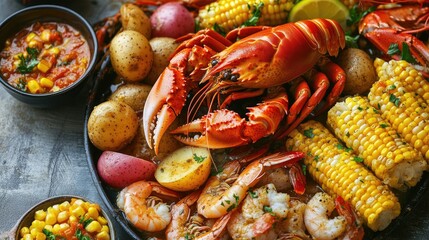 Rustic outdoor table set with plates of seafood, potatoes, and corn. Shrimp and crawfish boil in a pan surrounded by sides and drinks, creating a cozy dining atmosphere. Generative AI