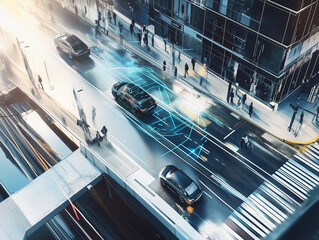 Obraz premium Futuristic Urban Traffic with Autonomous Vehicle Technology