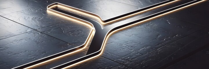 Modern high-tech Y shape evolving into a straight line on metallic surface – Suitable for leadership concepts, technology branding, or decision-making themes.