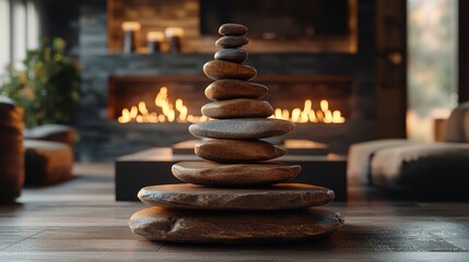 Obraz premium Serene Stone Tower in Modern Living Room with Warm Fireplace and Cozy Atmosphere for Relaxation and Mindfulness Practice