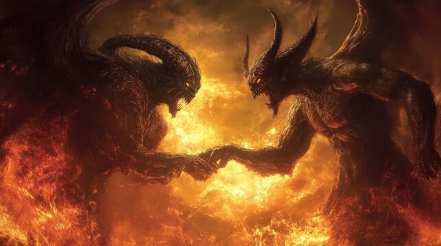 Two demonic creatures shaking hands in a fiery hellscape with flames and smoke. Intense lighting highlights their grotesque features and dramatic, otherworldly setting. Generative AI