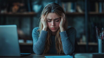 Unhappy young woman sitting in front of a desk at the office, sick and stress headache feeling depressed suffering trauma from problem trouble tension, tired difficulty mental health, exhausted pain