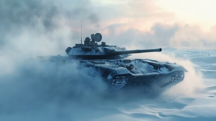 cold war tank in snowy landscape