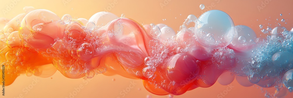 Poster flowing liquid with bubbles in pastel gradient - refreshing abstract visual