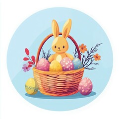 A colorful Easter basket filled with decorated eggs and a cute bunny, surrounded by flowers, symbolizing spring and festive celebration.