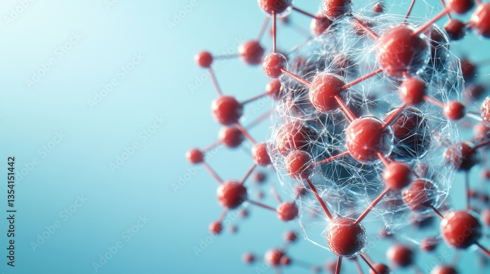 Poster abstract close-up image of a complex molecular structure featu interconnected red spheres connected 