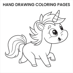Cute Kawaii Unicorn. Kawaii-style unicorn with big eyes, hand-drawn coloring page for kids.