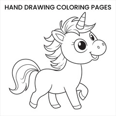 Cute Kawaii Unicorn. Kawaii-style unicorn with big eyes, hand-drawn coloring page for kids.