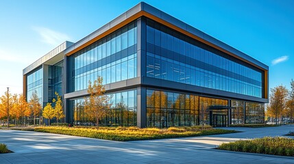 Obraz premium Modern office building exterior in autumnal landscape