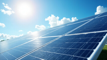 Close up solar panel against blue sky, ideal for renewable energy concept illustrations, ecofriendly designs or sustainability themed marketing materials.