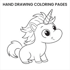 Cute Kawaii Unicorn. Kawaii-style unicorn with big eyes, hand-drawn coloring page for kids.