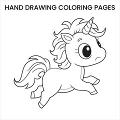 Cute Kawaii Unicorn. Kawaii-style unicorn with big eyes, hand-drawn coloring page for kids.