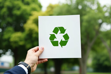 Hand holding a sign with a green recycle symbol, sustainable living concept. Suitable for environmental campaigns, ecofriendly promotions, and recycling awareness.