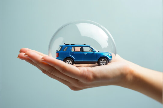 Blue toy car inside a bubble, held by hand. Perfect for car insurance advertisements or playful, creative design projects.