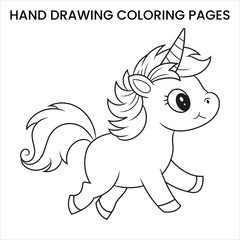 Cute Kawaii Unicorn. Kawaii-style unicorn with big eyes, hand-drawn coloring page for kids.