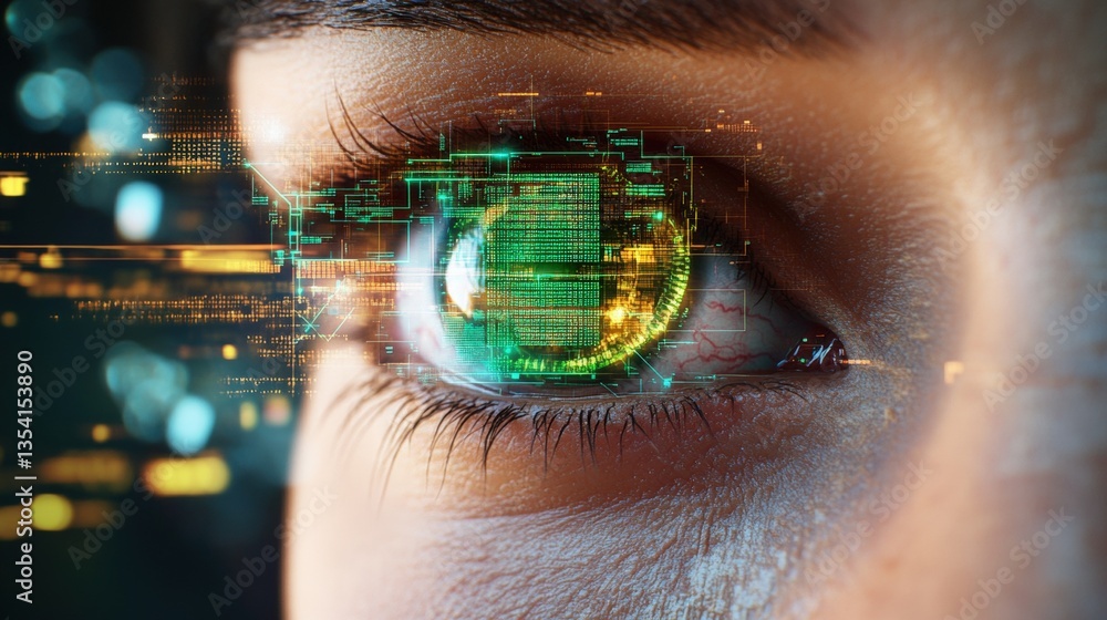 Poster close-up view of a human eye featu intricate digital overlay of green and yellow circuit patterns wi