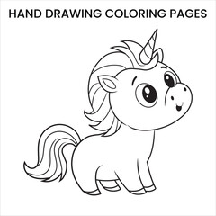 Cute Kawaii Unicorn. Kawaii-style unicorn with big eyes, hand-drawn coloring page for kids.