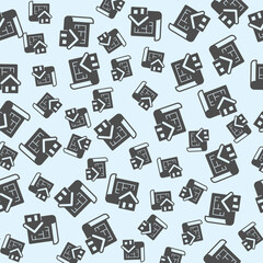 Building layout paper and house solid seamless pattern, architect studio theme. Vector graphics. Project plan of cottage house sign background, filled with glyphs icon.