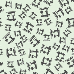 Crane with container solid seamless pattern, construction theme. Vector graphics. Cargo uplifting heavy equipment sign background, filled with glyphs icon.