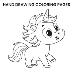 Obraz premium Cute Kawaii Unicorn. Kawaii-style unicorn with big eyes, hand-drawn coloring page for kids.
