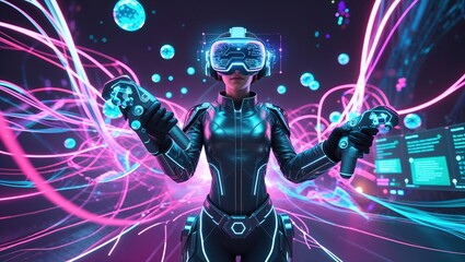 A person wearing a virtual reality headset and holding controllers engages in an immersive gaming session. Bright colors and dynamic visual effects create an atmosphere of excitement and exploration
