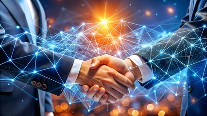 Futuristic Handshake Representing Digital Transformation and Business Partnership in a Glowing Network of AI and Blockchain Connections

