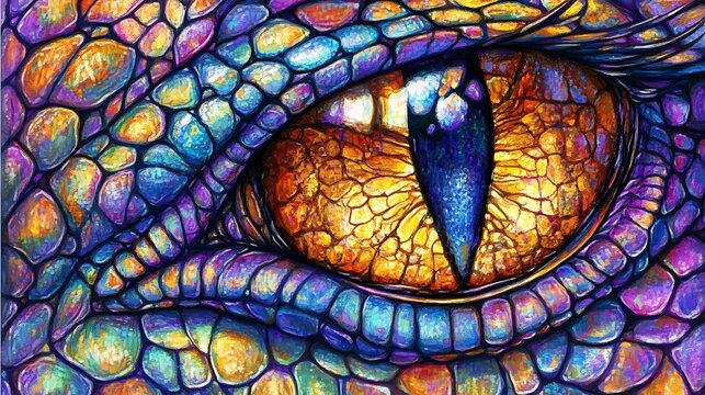 Close-up of a vibrant, iridescent dragon eye and scales.