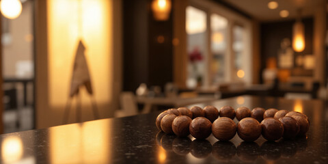 Polished wooden beads roll smoothly across a reflective surface, their natural grain patterns illuminated by soft sidelight; paired