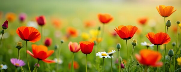 Fototapeta premium Close-up of a colorful mix of poppies, daisies, and other wildflowers in a field, beauty, petals, botanical