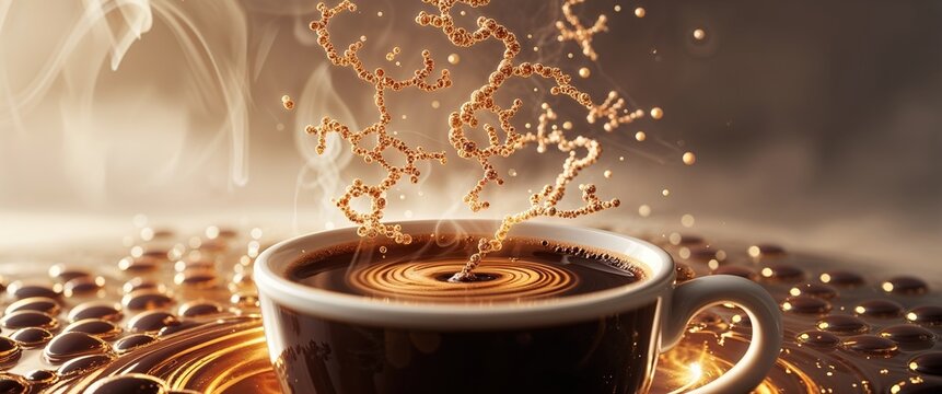 Coffee swirls with warmth and richness as steam rises in a cozy café setting. The inviting aroma fills the air, enhancing the experience of enjoyment and mood elevation