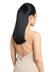 Fototapeta premium High ponytail in black hair with subtle waves, worn by an Asian woman aged 28-32 years old, neatly styled, paired with