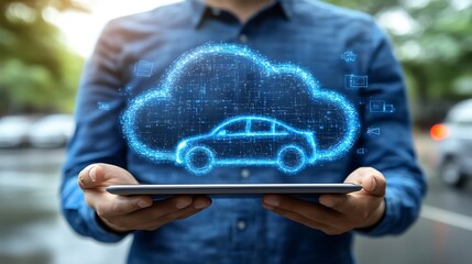 Man holding tablet showing car cloud computing.