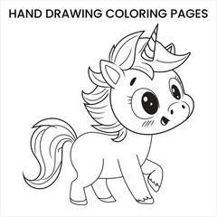 Cute Kawaii Unicorn. Kawaii-style unicorn with big eyes, hand-drawn coloring page for kids.