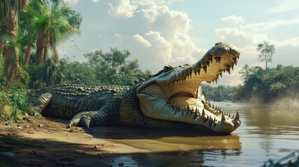 Fototapeta premium giant crocodile sunbathing by the river