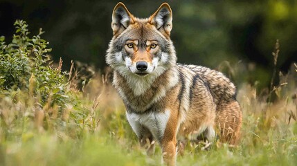 Fototapeta premium Majestic red wolf standing in tall grass, staring intensely at the camera.