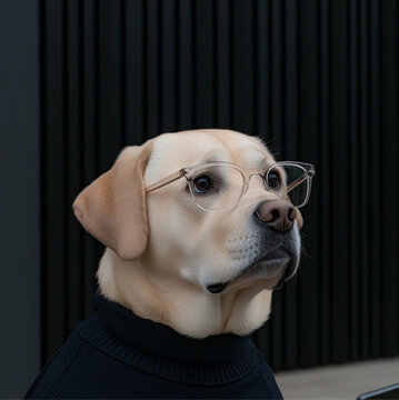 A close-up shot of a thin yellow labador retriever wearing stylish clear wayfare glasses, sitting in front of a laptop, its paws actively typing on the keyboard with a serious expression