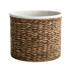 Woven basket with a white fabric liner, isolated on black. Storage and organization concept.