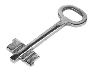 Old metal key isolated on white background.