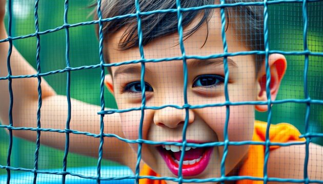 Close-up of a face pressed playfully against a trampoline net's mesh, mesh, expression