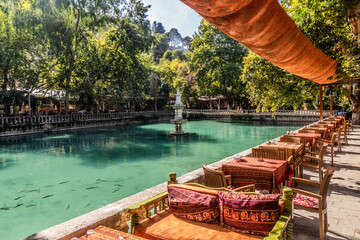 Cafe by Ayn Zeliha Lake in Golbasi Park in Sanliurfa, Turkey