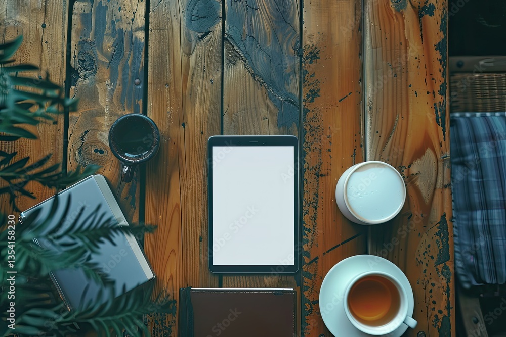 Poster vibrant color image of set of mockup elements on the wood table template for design