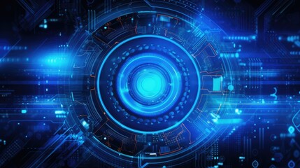 Obraz premium Futuristic Digital Interface with Concentric Circles and Glowing Blue Light isolated on blue background