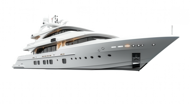 A large white cruise ship is shown on a white background