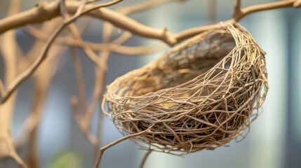 Empty bird's nest hanging on dry branches indoors